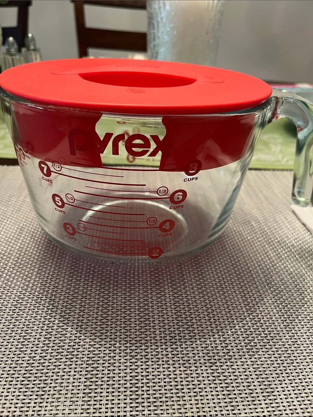 Pyrex Clear Glass Measuring Bowl with Red Lid and Red Markings